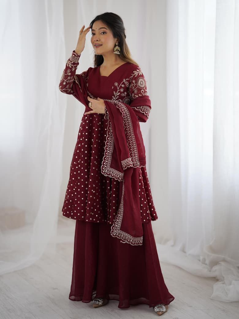 Maroon Sharara Suit Set Roohri