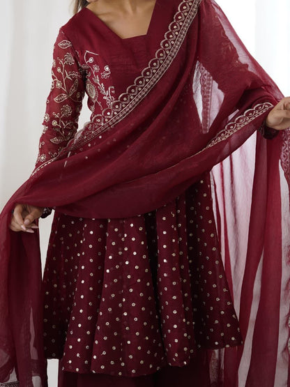 Maroon Sharara Suit Set Roohri