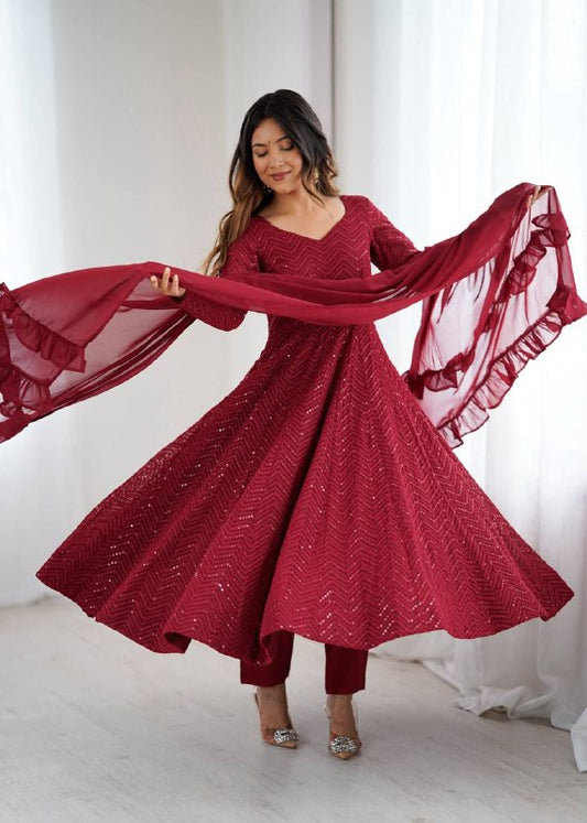 Marron Chikankari Anarkali Suit Set Roohri