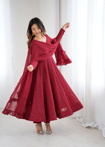 Marron Chikankari Anarkali Suit Set Roohri