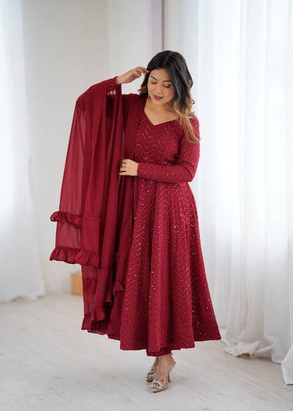 Marron Chikankari Anarkali Suit Set Roohri