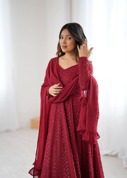 Marron Chikankari Anarkali Suit Set Roohri