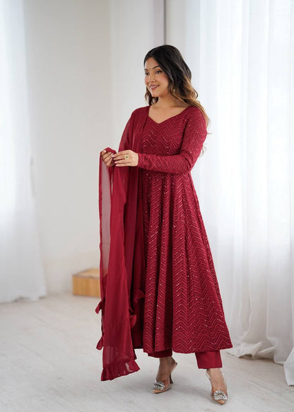Marron Chikankari Anarkali Suit Set Roohri