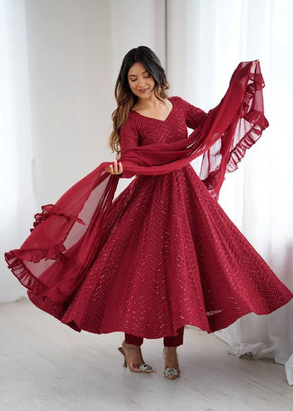 Marron Chikankari Anarkali Suit Set Roohri
