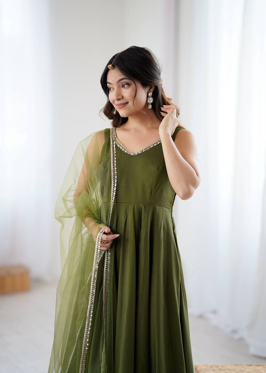 Mehandi Green Mirror Anarkali Suit Set Roohri