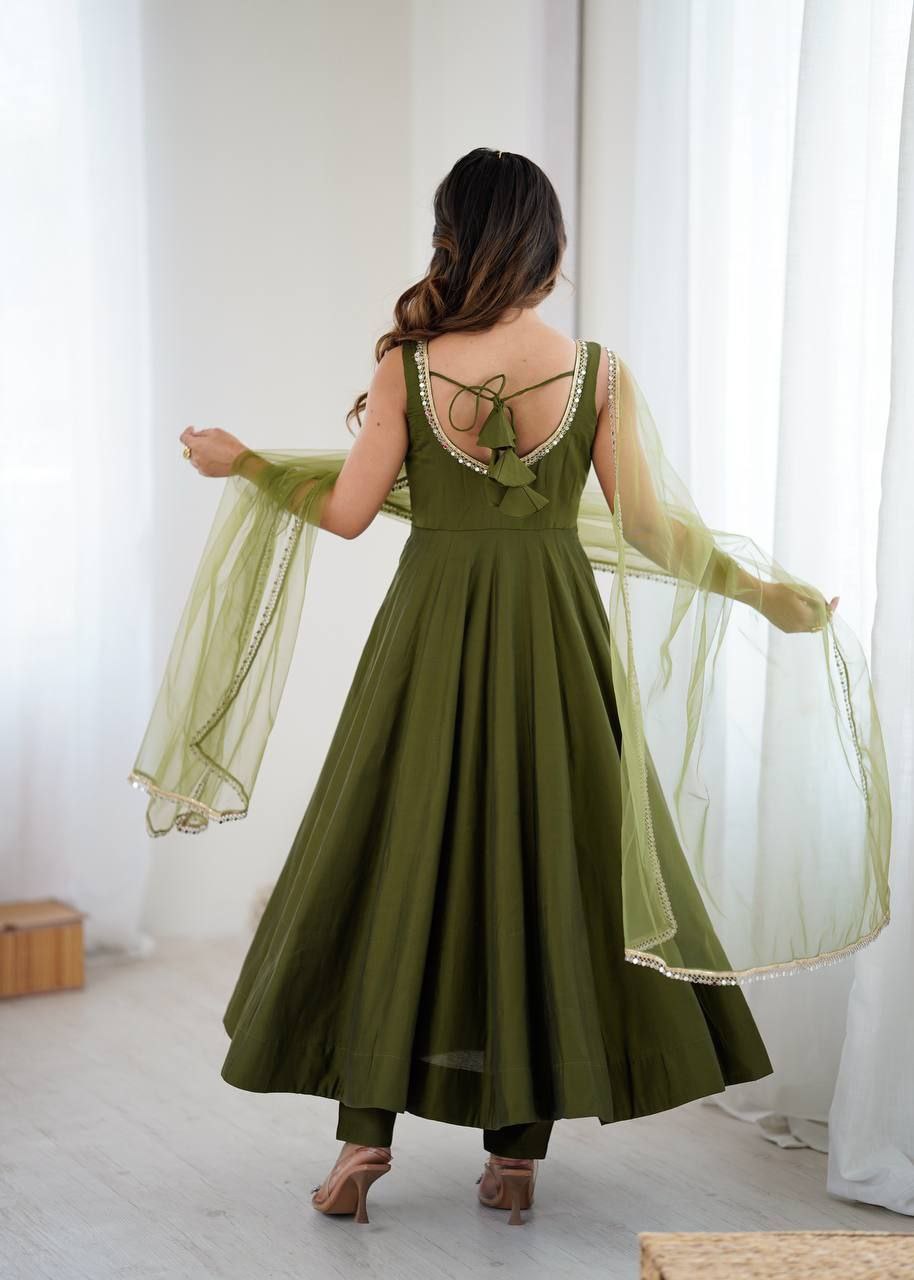 Mehandi Green Mirror Anarkali Suit Set Roohri