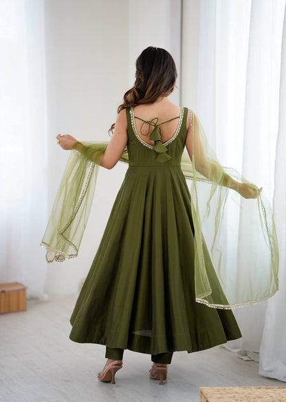 Mehandi Green Mirror Anarkali Suit Set Roohri