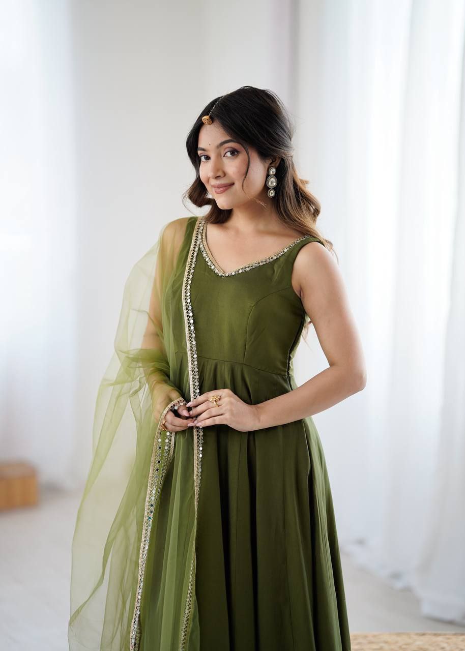 Mehandi Green Mirror Anarkali Suit Set Roohri