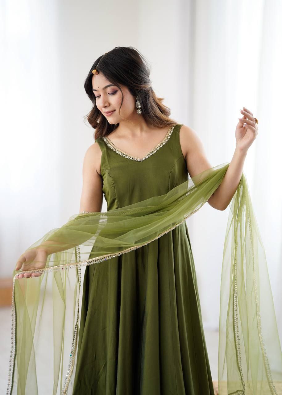 Mehandi Green Mirror Anarkali Suit Set Roohri