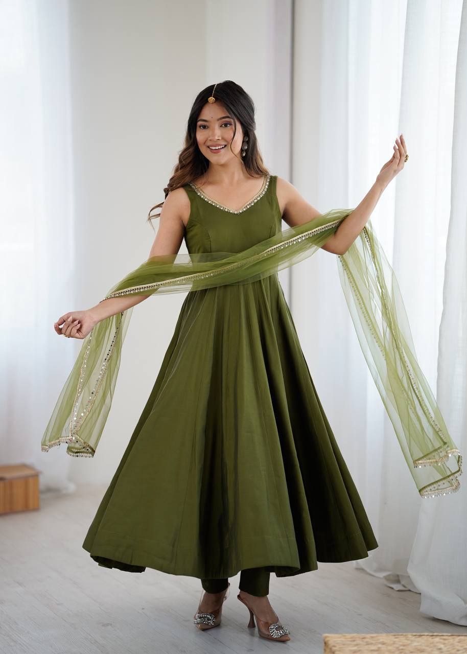 Mehandi Green Mirror Anarkali Suit Set Roohri