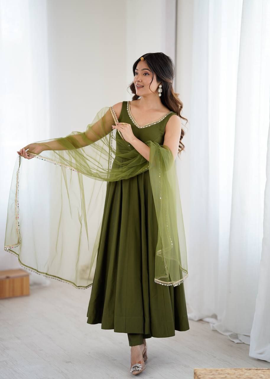 Mehandi Green Mirror Anarkali Suit Set Roohri