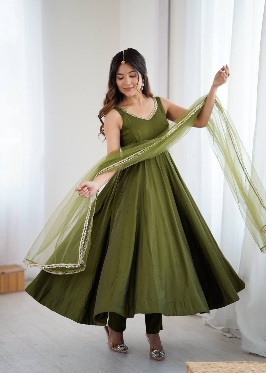 Mehandi Green Mirror Anarkali Suit Set Roohri