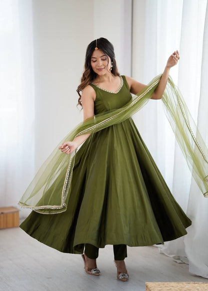 Mehandi Green Mirror Anarkali Suit Set Roohri