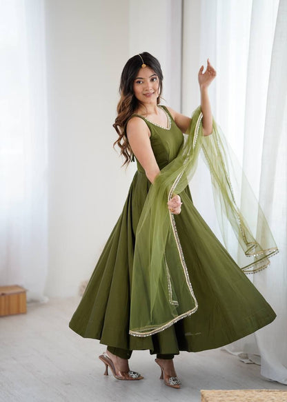 Mehandi Green Mirror Anarkali Suit Set Roohri