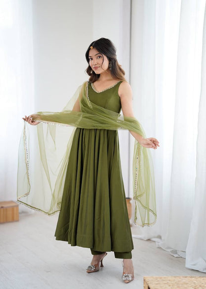 Mehandi Green Mirror Anarkali Suit Set Roohri