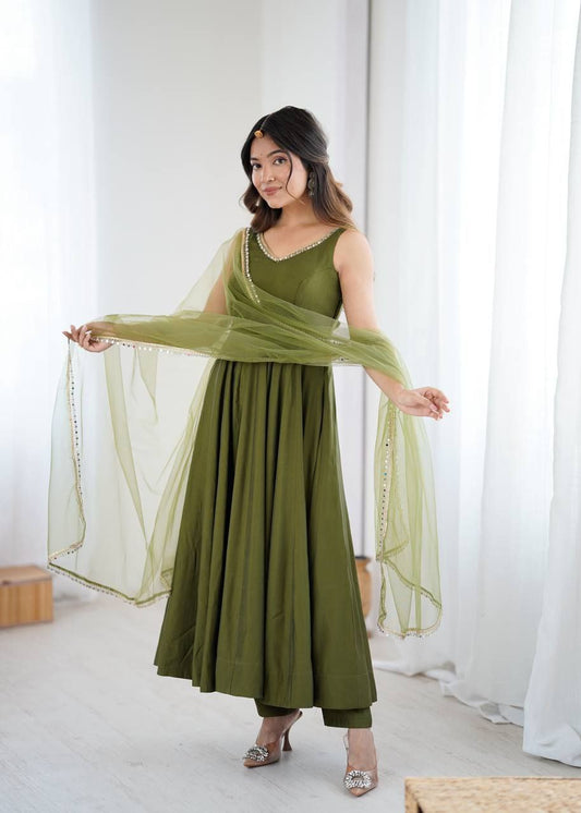 Mehandi Green Mirror Anarkali Suit Set Roohri