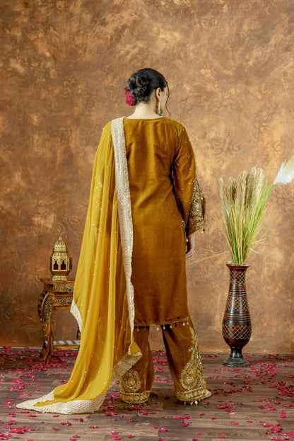 Mustard Velvet Suit Set Roohri