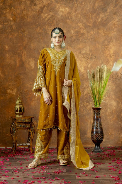 Mustard Velvet Suit Set Roohri