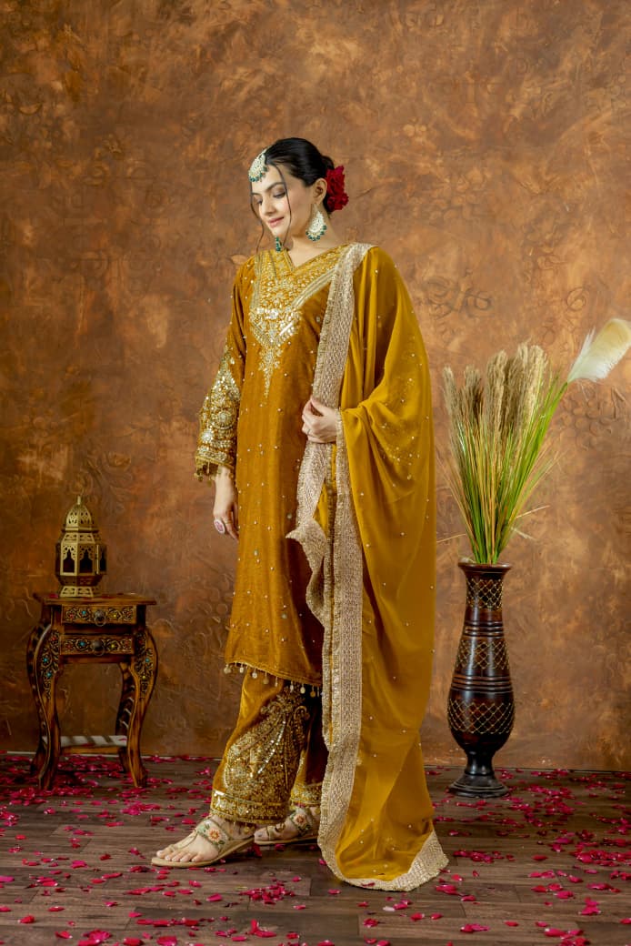 Mustard Velvet Suit Set Roohri