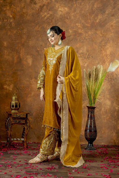 Mustard Velvet Suit Set Roohri