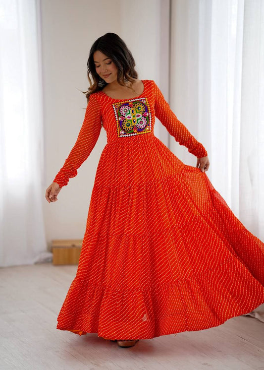 Orange Laheriya Anarkali Gown Roohri