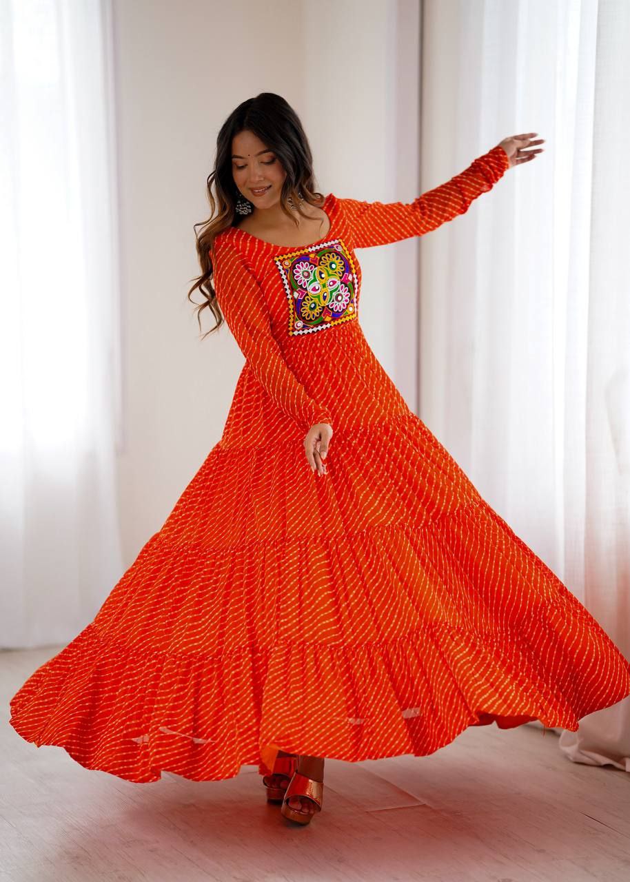 Orange Laheriya Anarkali Gown Roohri