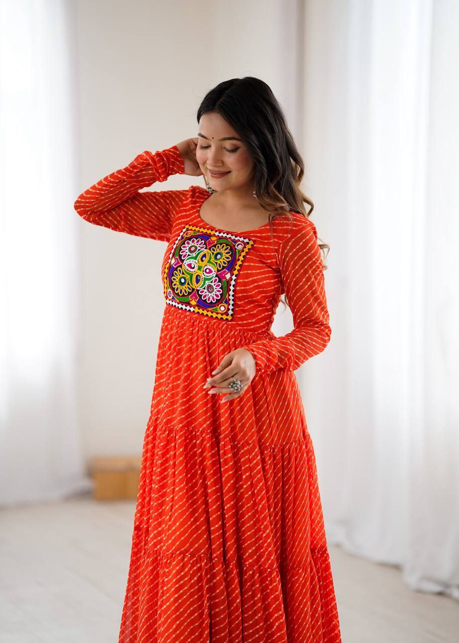 Orange Laheriya Anarkali Gown Roohri