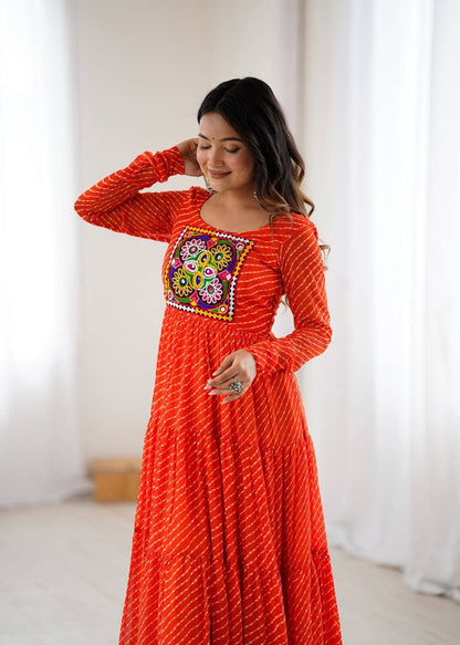Orange Laheriya Anarkali Gown Roohri