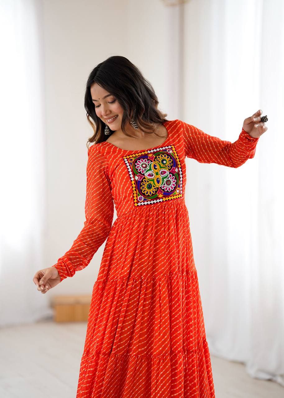 Orange Laheriya Anarkali Gown Roohri
