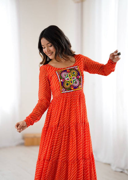 Orange Laheriya Anarkali Gown Roohri