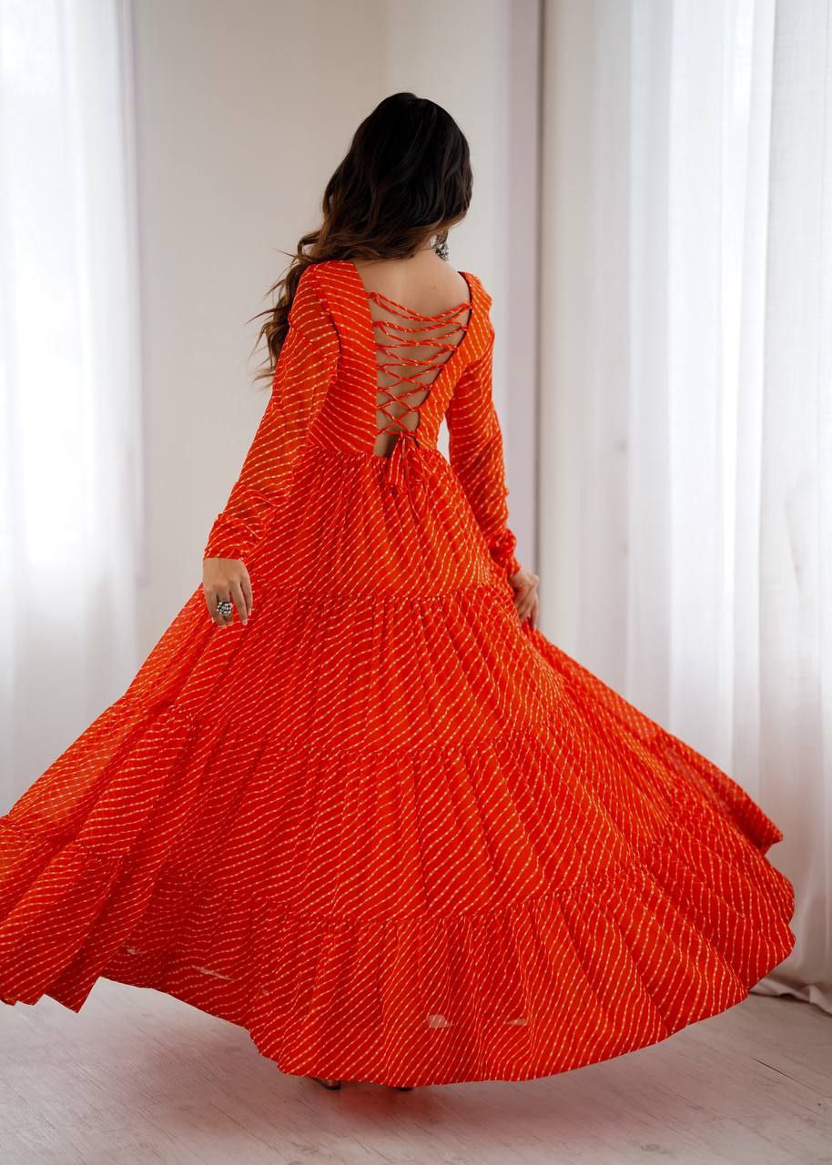 Orange Laheriya Anarkali Gown Roohri