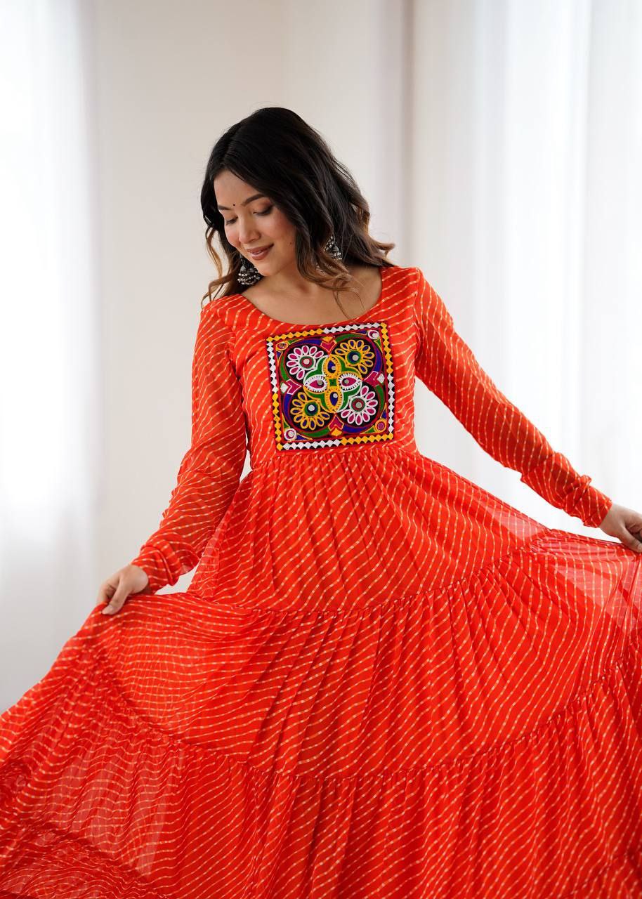 Orange Laheriya Anarkali Gown Roohri