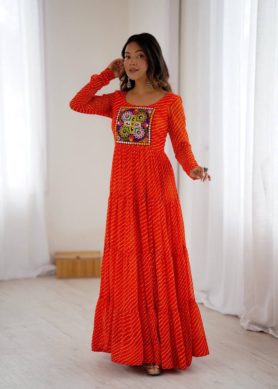 Orange Laheriya Anarkali Gown Roohri