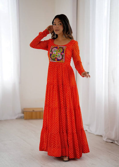 Orange Laheriya Anarkali Gown Roohri