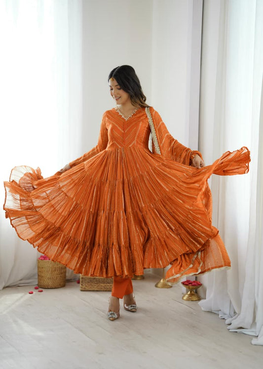 Orange Mal Chanderi Anarkali Suit Set Roohri
