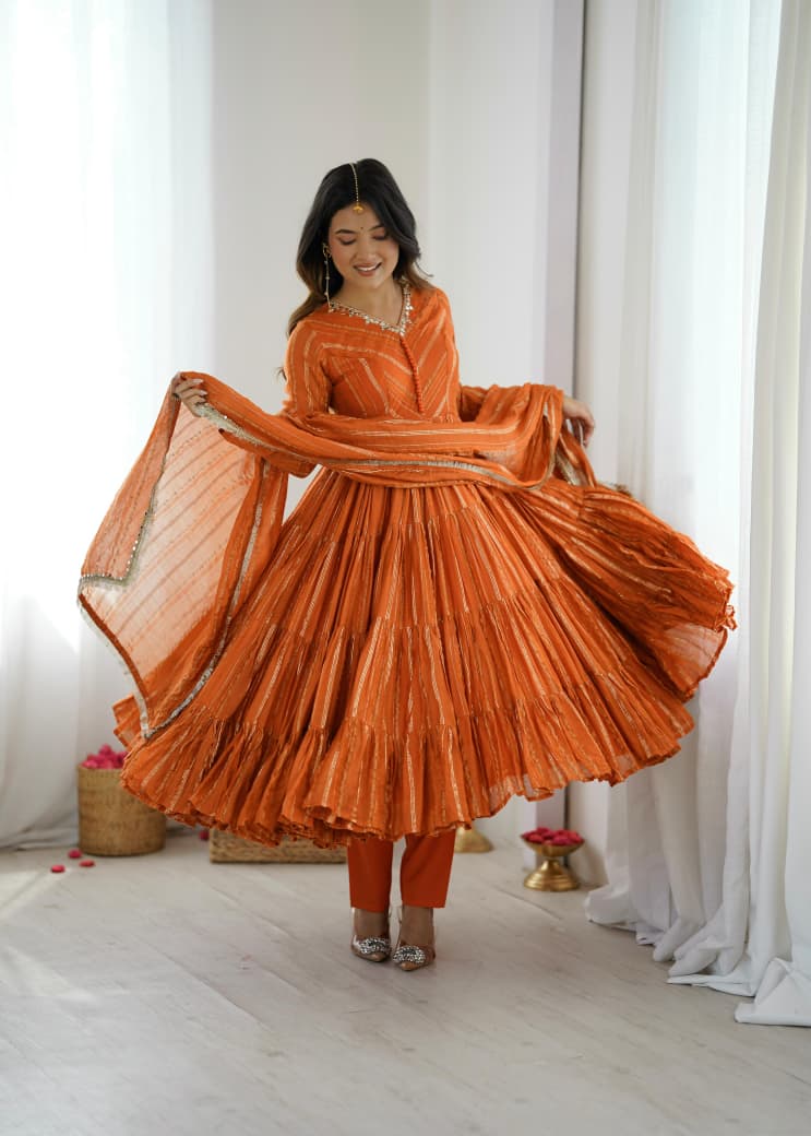Orange Mal Chanderi Anarkali Suit Set Roohri