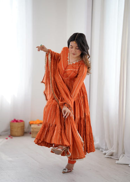 Orange Mal Chanderi Anarkali Suit Set Roohri