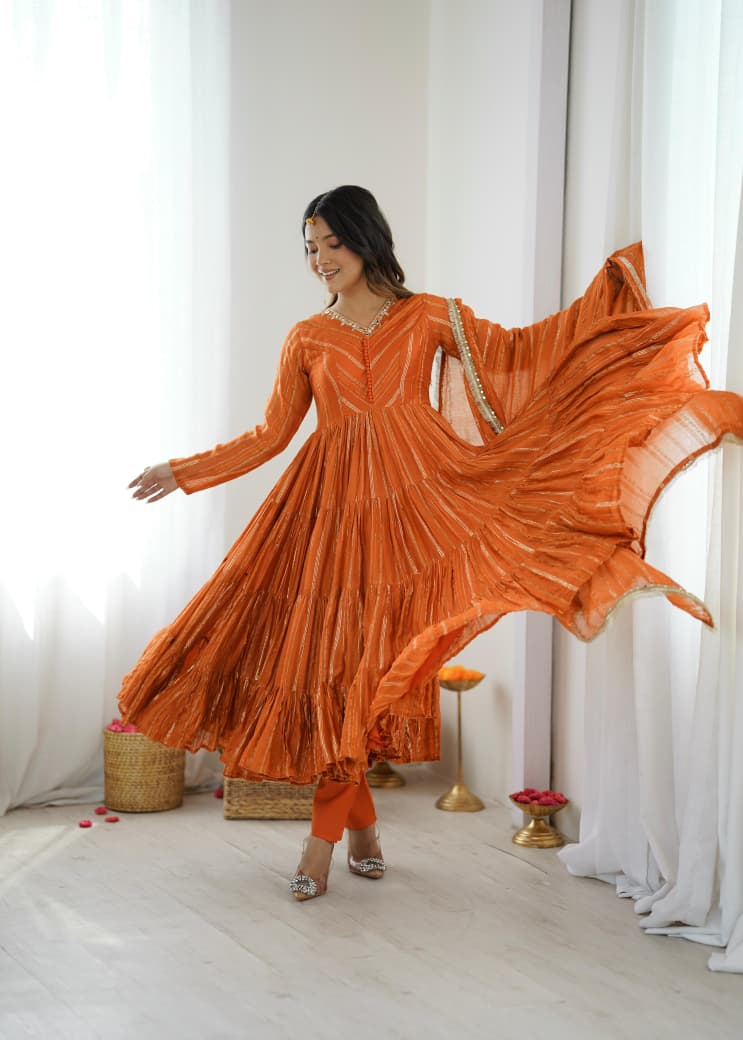 Orange Mal Chanderi Anarkali Suit Set Roohri