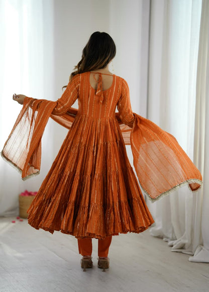 Orange Mal Chanderi Anarkali Suit Set Roohri