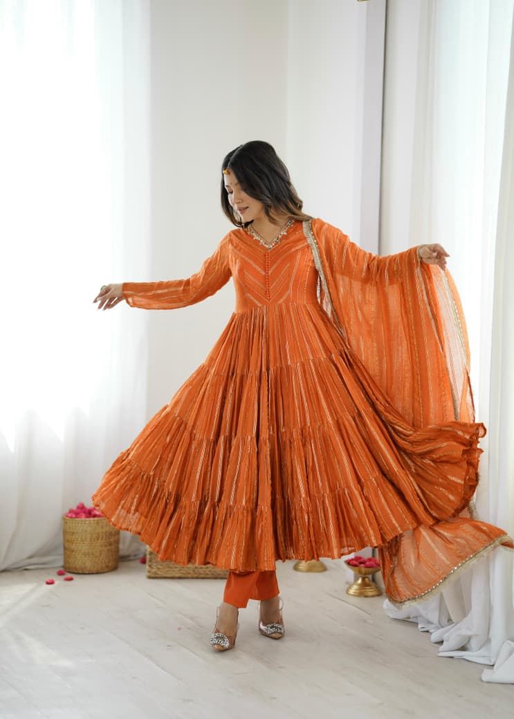 Orange Mal Chanderi Anarkali Suit Set Roohri