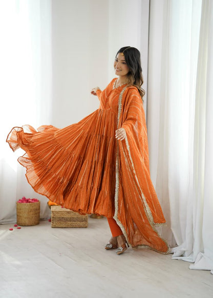 Orange Mal Chanderi Anarkali Suit Set Roohri
