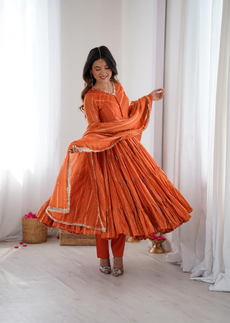 Orange Mal Chanderi Anarkali Suit Set Roohri