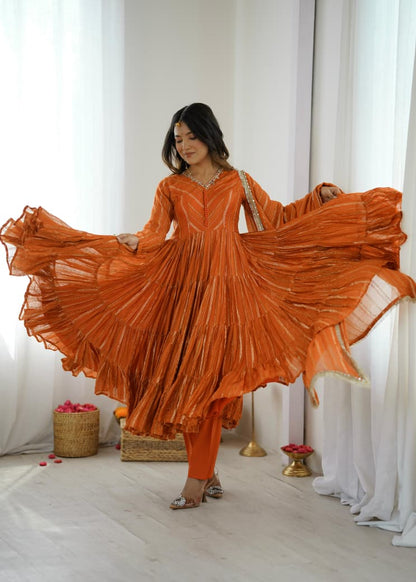 Orange Mal Chanderi Anarkali Suit Set Roohri