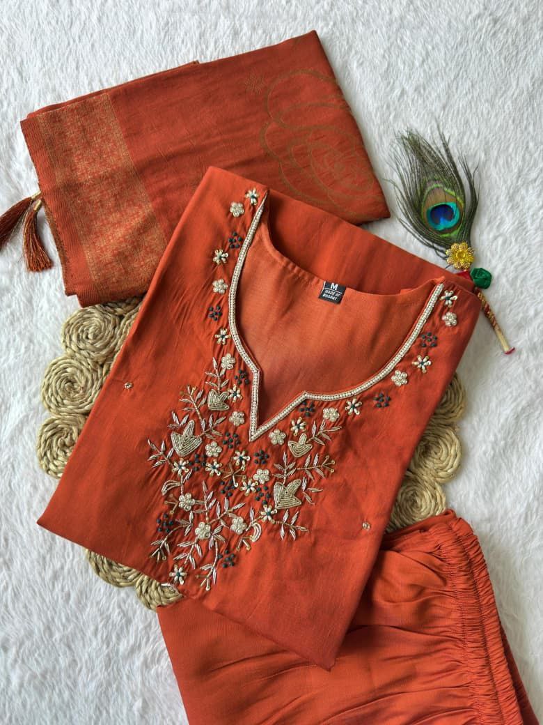 Orange hand embroidered suit set Roohri