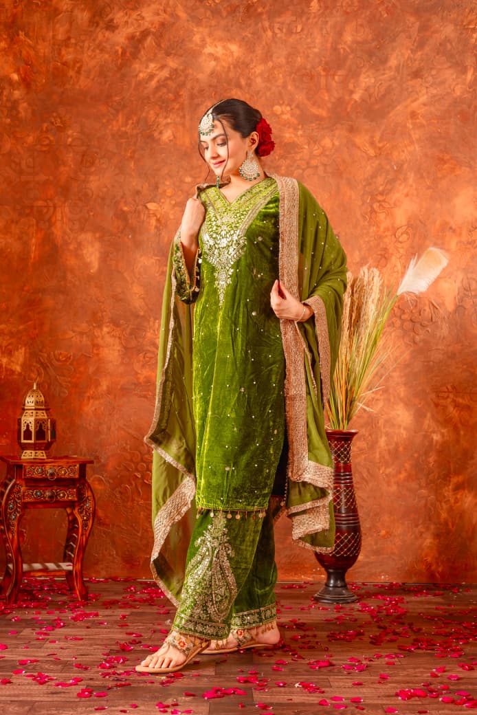 Parrot Green Velvet Suit Set Roohri