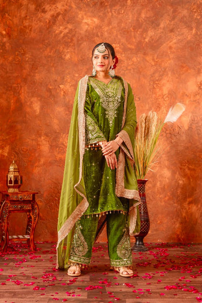 Parrot Green Velvet Suit Set Roohri