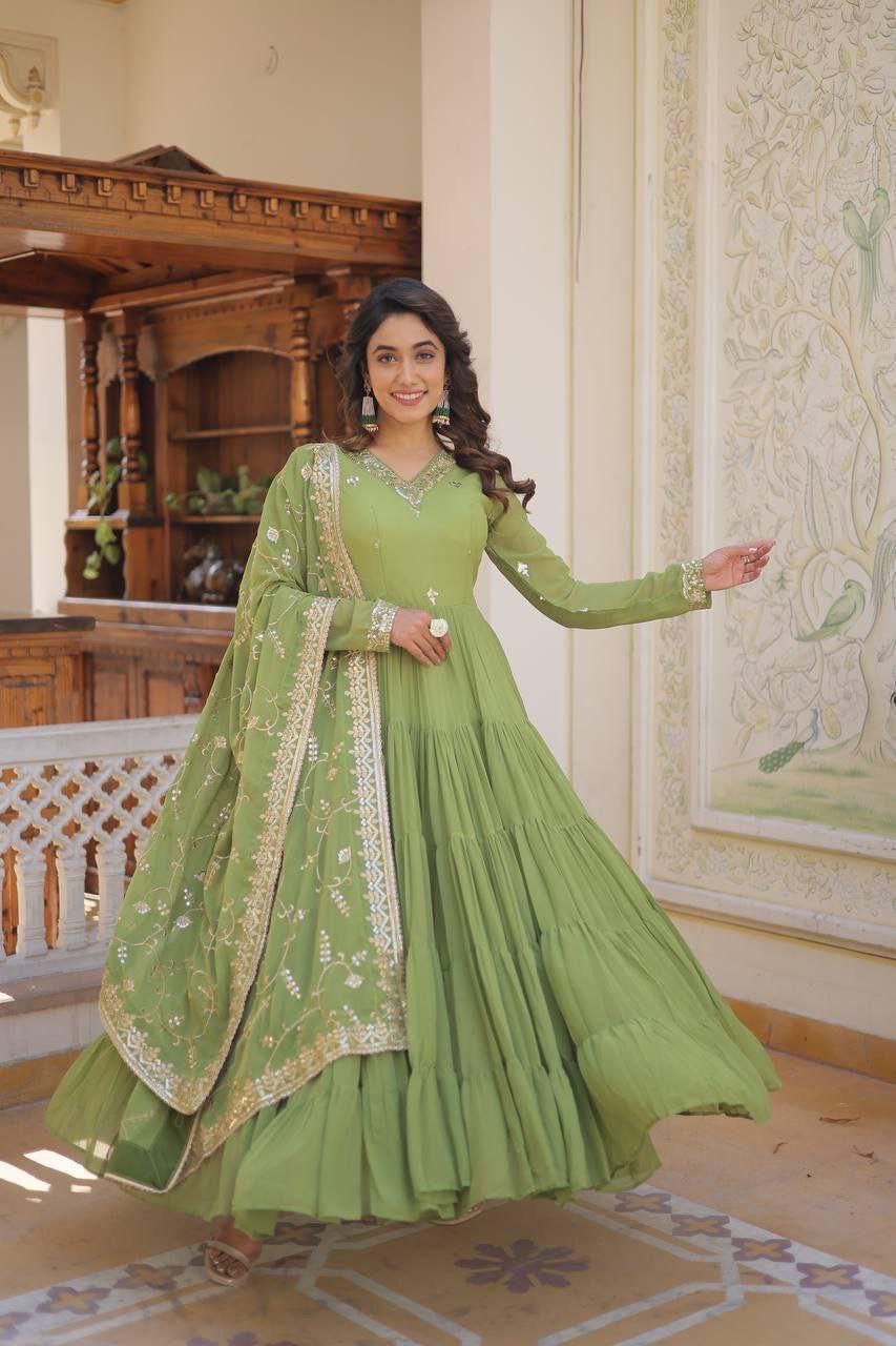 Parrot Green Anarkali Dupatta Set Roohri