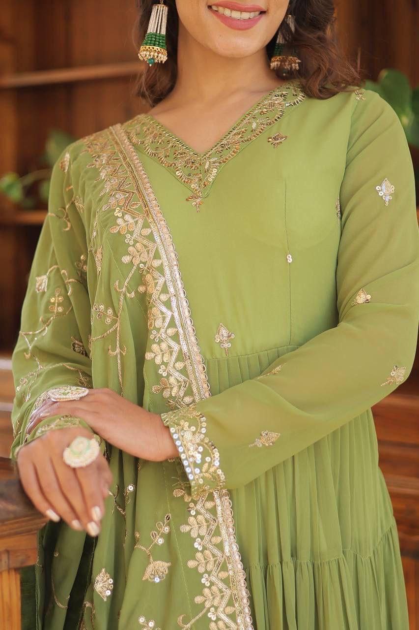 Parrot Green Anarkali Dupatta Set Roohri
