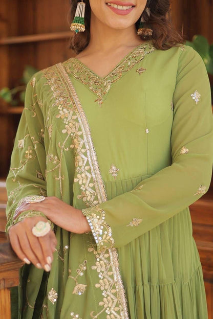 Parrot Green Anarkali Dupatta Set Roohri