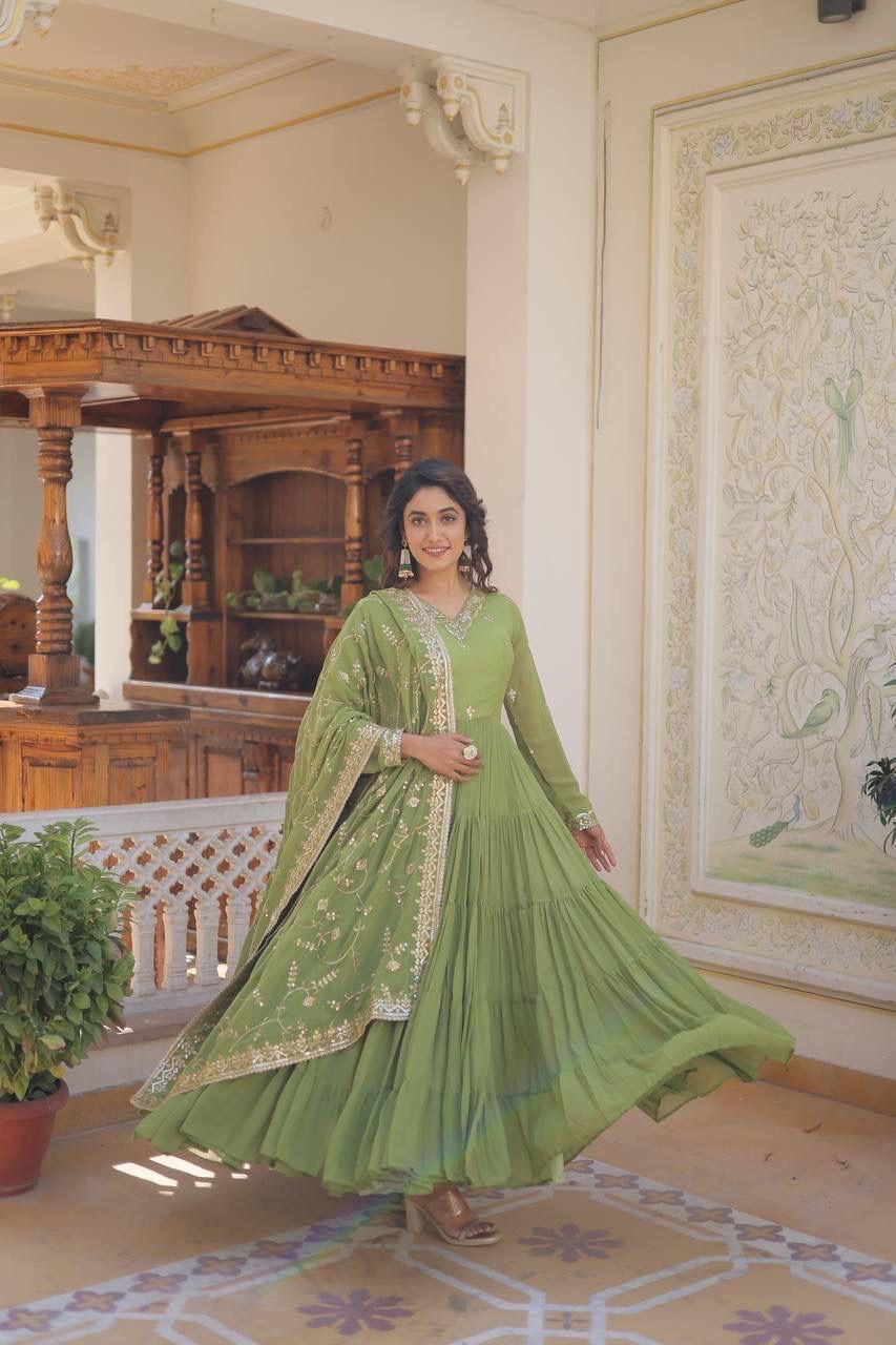 Parrot Green Anarkali Dupatta Set Roohri